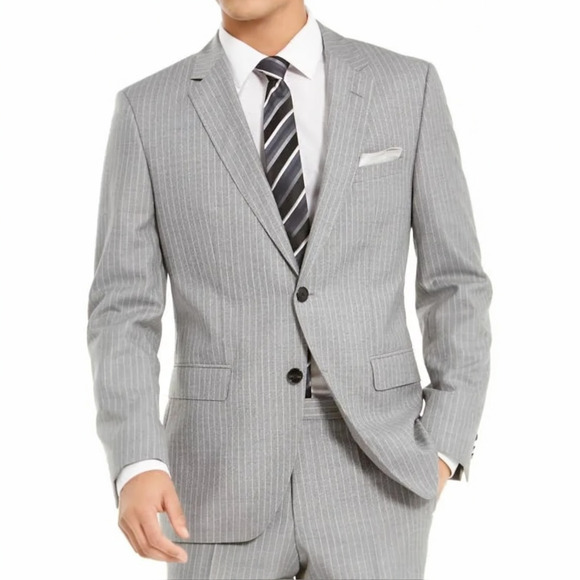 NWT Hugo Boss Grey White Pinstripe Suit Coat Jacket Blazer Wool size 44 44R - Picture 1 of 11